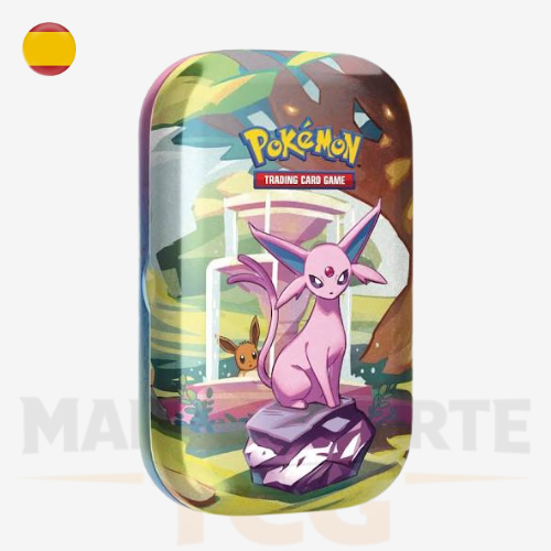 Mini Lata Pokémon Evoluciones Prismáticas modelo sylveon con moneda de Eevee