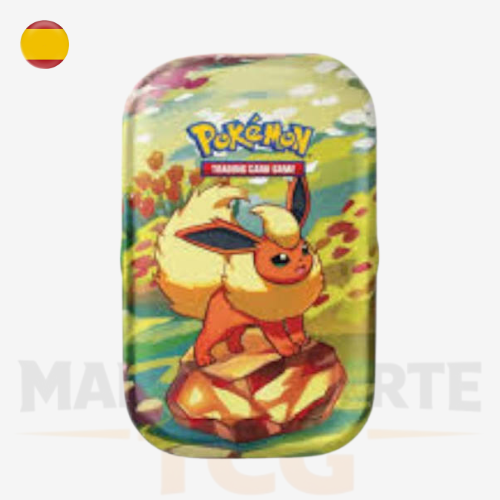 Mini Lata Pokémon Evoluciones Prismáticas modelo Flareon con moneda de Eevee