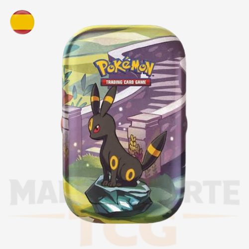 Mini Lata Pokémon Evoluciones Prismáticas modelo umbreon con moneda de Eevee