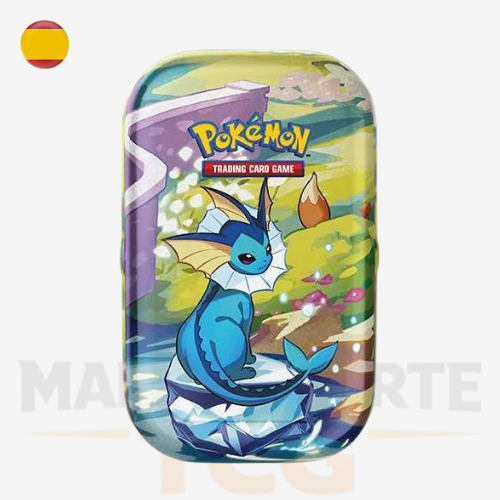 Mini Lata Pokémon Evoluciones Prismáticas modelo Vaporeon con moneda de Eevee