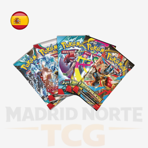 Contenido de la Mega Lucario ex Figure Collection ES de Pokémon TCG con 5 sobres y accesorios
